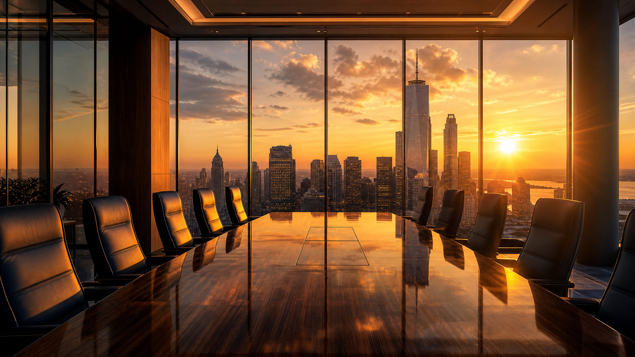 Premium law firm boardroom overlooking city skyline at golden hour — AMLEGALS strategic intelligence