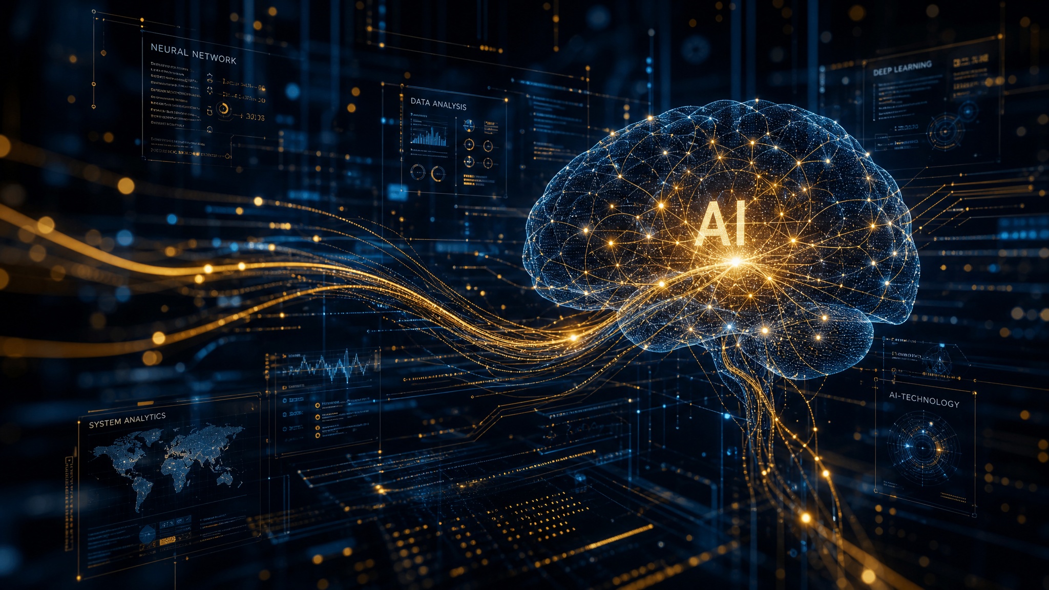 Abstract AI neural network visualization with gold data streams — representing quantum-scale legal intelligence